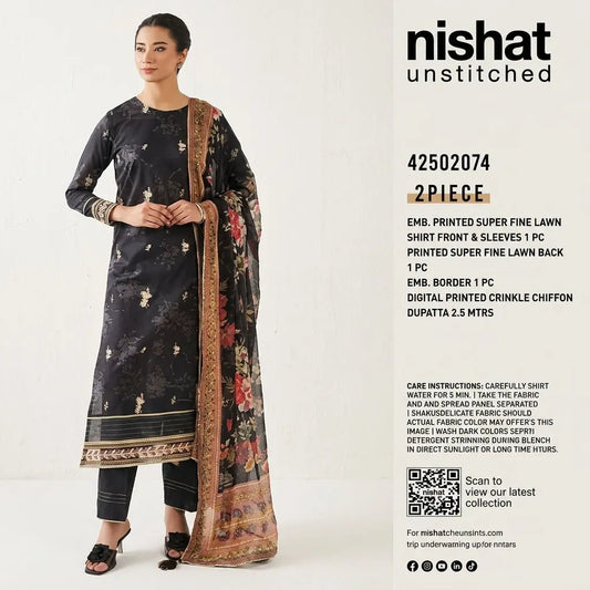 Nishat Unstitched 2-Piece Embroidered Printed Super Fine Lawn Suit with Digital Printed Crinkle Chiffon Dupatta (Shirt &amp; Dupatta)