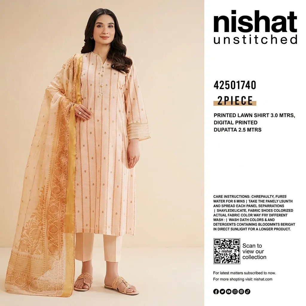 Nishat Unstitched 2-Piece Printed Lawn Suit with Digital Printed Dupatta (Shirt &amp; Dupatta)