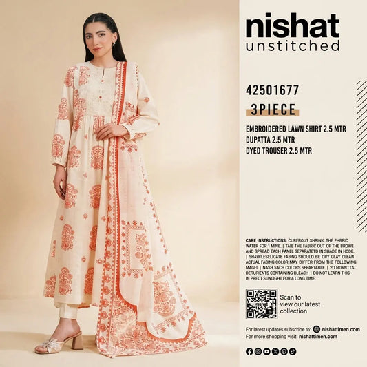 Nishat Unstitched 3-Piece Embroidered Lawn Suit with Dupatta &amp; Dyed Trouser
