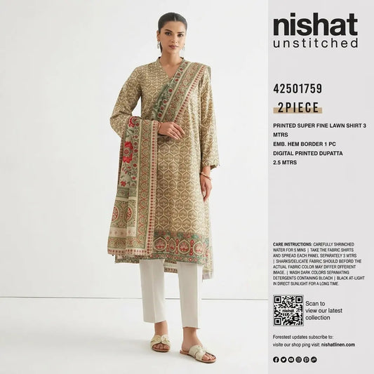 Nishat Unstitched 2-Piece Printed Super Fine Lawn Suit with Digital Printed Dupatta (Shirt &amp; Dupatta)
