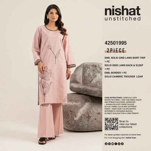 Nishat Unstitched 2-Piece Embroidered Solid Grid Lawn Suit (Shirt &amp; Solid Cambric Trouser)