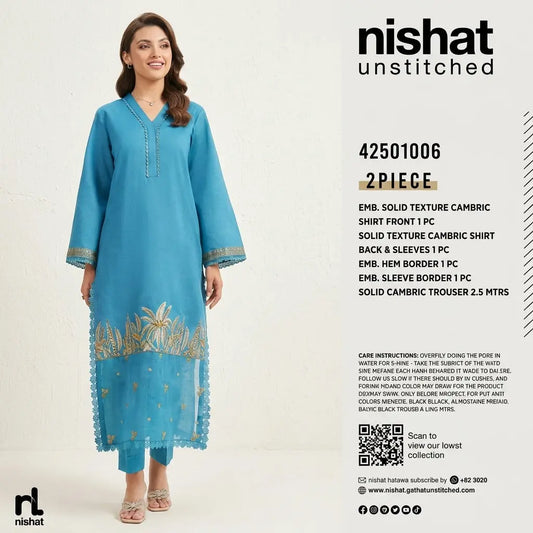 Nishat Unstitched 2-Piece Embroidered Solid Texture Cambric Suit (Shirt &amp; Solid Cambric Trouser)