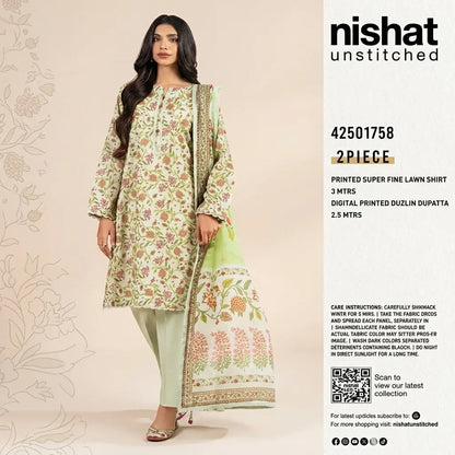 Premium Floral Printed 2-Piece Unstitched Suit – Sage Green & Peach
