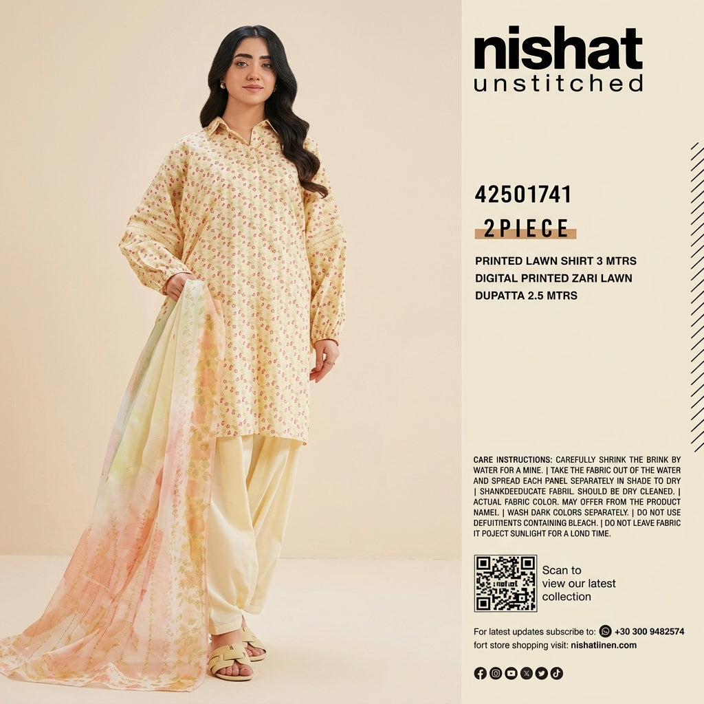 Nishat Unstitched 2-Piece Printed Lawn Suit with Digital Printed Zari Lawn Dupatta (Shirt &amp; Dupatta)