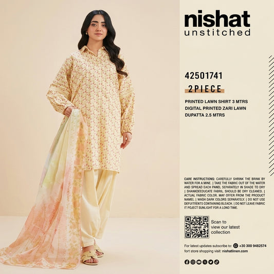 Nishat Unstitched 2-Piece Printed Lawn Suit with Digital Printed Zari Lawn Dupatta (Shirt &amp; Dupatta)