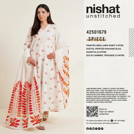 Red Floral Printed 3-Piece Unstitched Suit – White | Women’s Collection