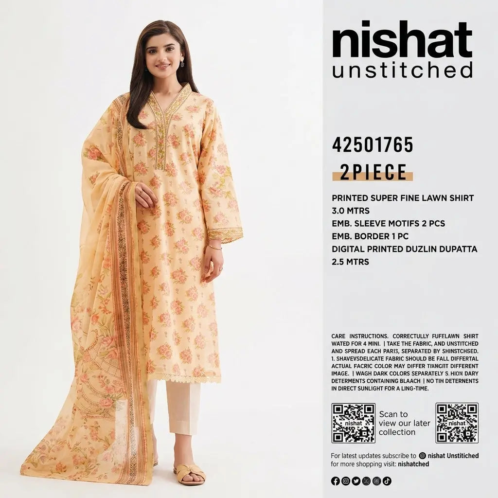 Nishat Unstitched 2-Piece Embroidered Printed Super Fine Lawn Suit with Digital Printed Duzlin Dupatta (Shirt &amp; Dupatta)