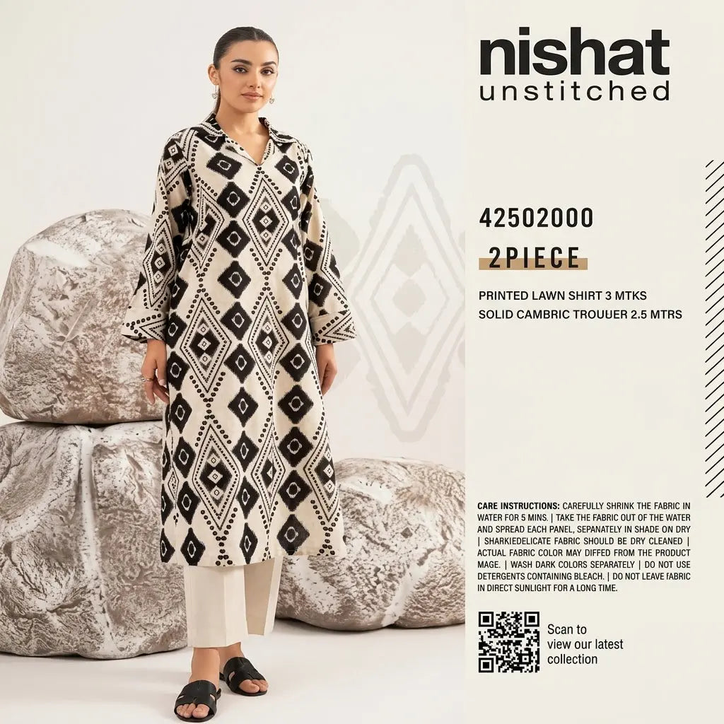 Black & White Geometric Printed 2-Piece Unstitched Suit | Women’s Wear