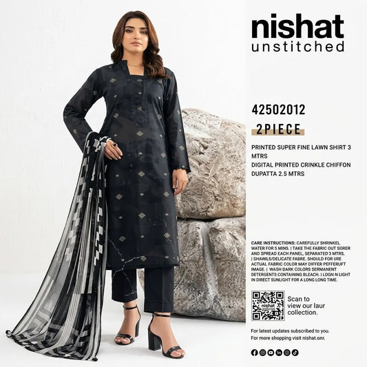Nishat Unstitched 2-Piece Printed Super Fine Lawn Suit with Digital Printed Crinkle Chiffon Dupatta (Shirt &amp; Dupatta)