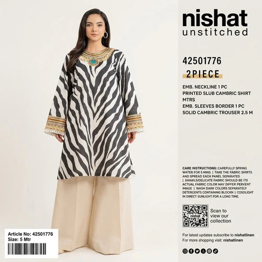 Nishat Unstitched 2-Piece Embroidered Printed Slub Cambric Suit (Shirt &amp; Solid Cambric Trouser)