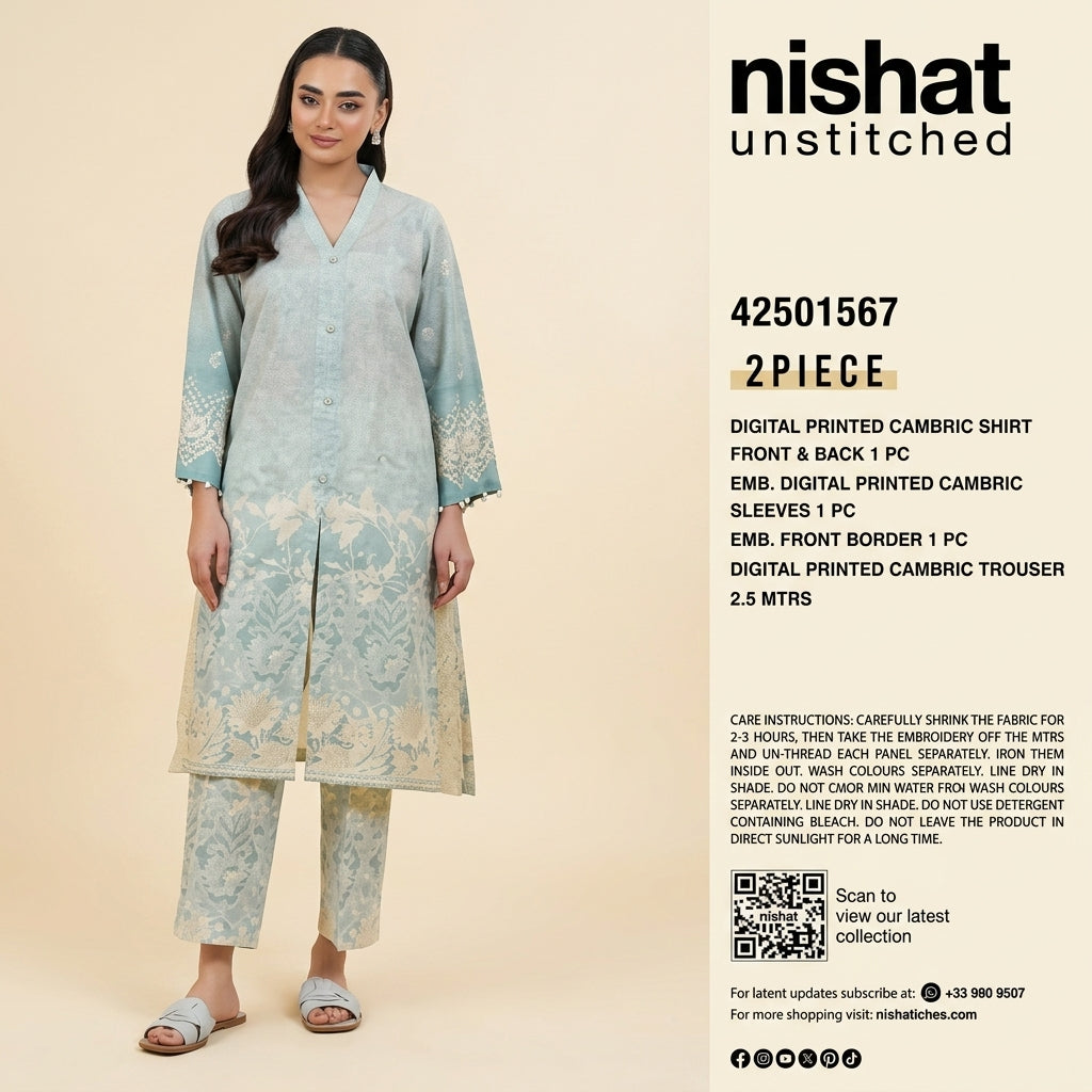 Nishat Unstitched 2-Piece Embroidered Digital Printed Cambric Suit (Shirt &amp; Trouser)