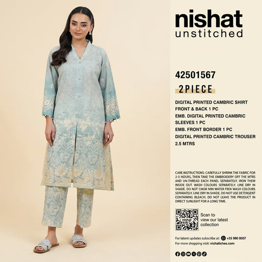 Nishat Unstitched 2-Piece Embroidered Digital Printed Cambric Suit (Shirt &amp; Trouser)
