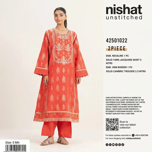 Nishat Unstitched 2-Piece Embroidered Solid Yarn Jacquard Suit (Shirt &amp; Solid Cambric Trouser)