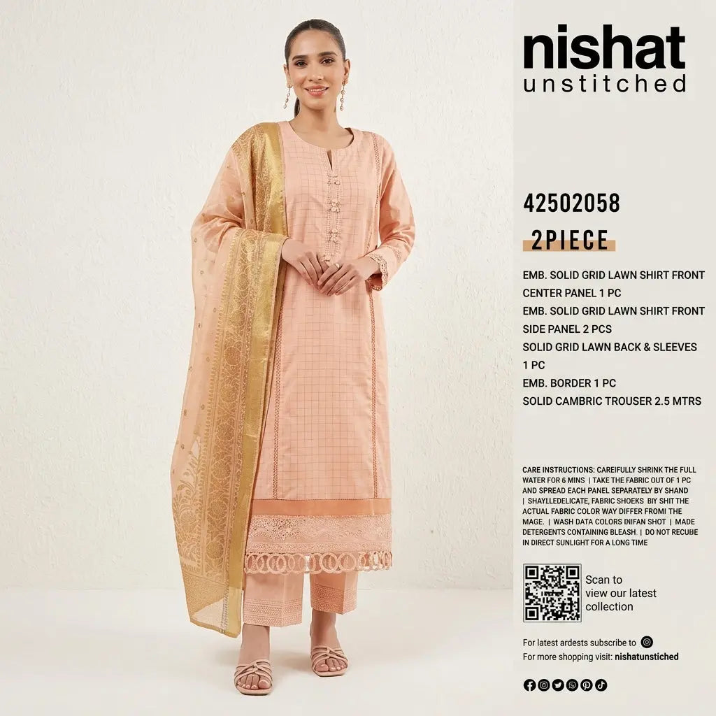 Nishat Unstitched 2-Piece Embroidered Solid Grid Lawn Suit (Shirt &amp; Solid Cambric Trouser)