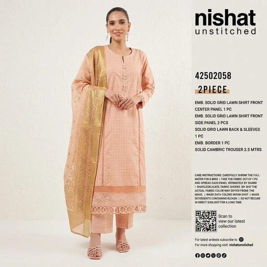 Nishat Unstitched 2-Piece Embroidered Solid Grid Lawn Suit (Shirt &amp; Solid Cambric Trouser)