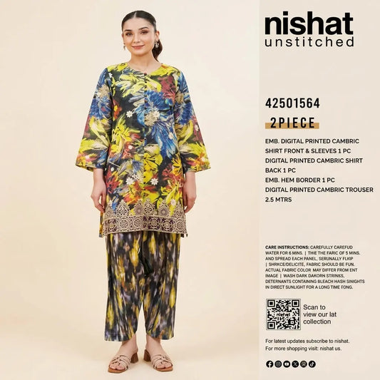 Nishat Unstitched 2-Piece Embroidered Digital Printed Cambric Suit (Shirt &amp; Trouser)