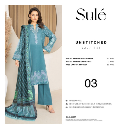 Sulé Premium Teal Digital Printed Lawn Unstitched 3 Piece Suit with Printed Voile Dupatta & Dyed Cambric Trouser