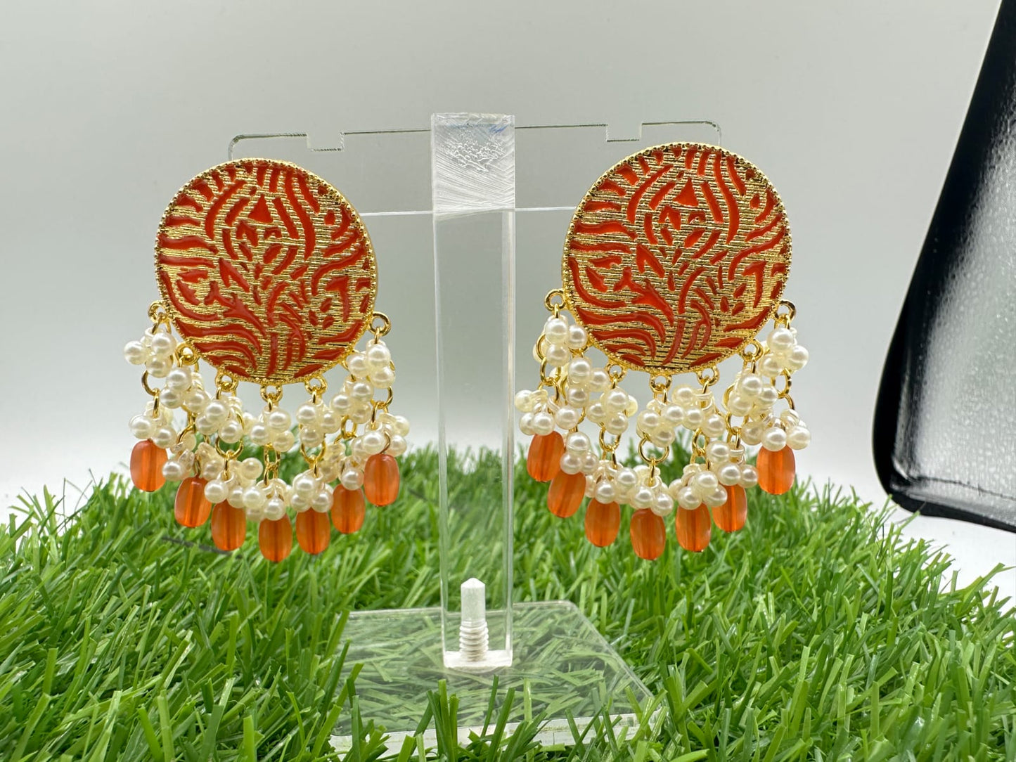 Orange Enamel Pearl Drop Artificial Earrings