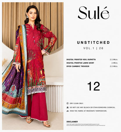 Sulé Unstitched Vol. 1 – Design 12 | Digital Printed Lawn Shirt, Voil Dupatta & Cambric Trouser
