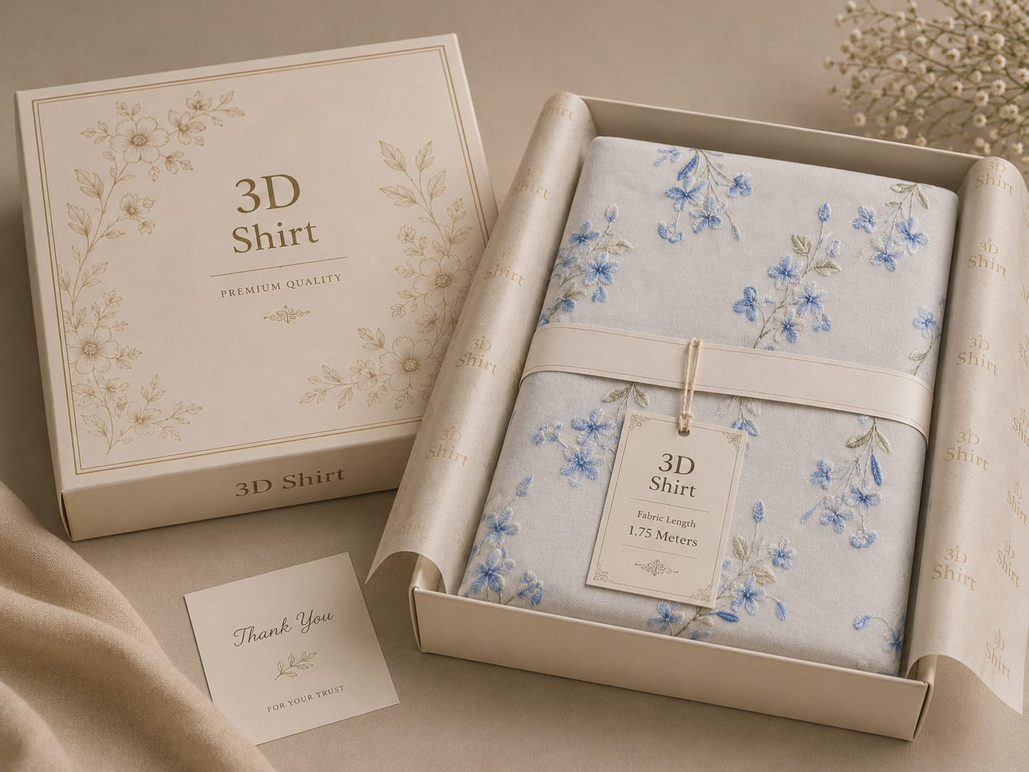 Premium 3D Shirt Fabric – Sky Blue Floral Embroidered Collection | Fabric Length 1.75 Meters