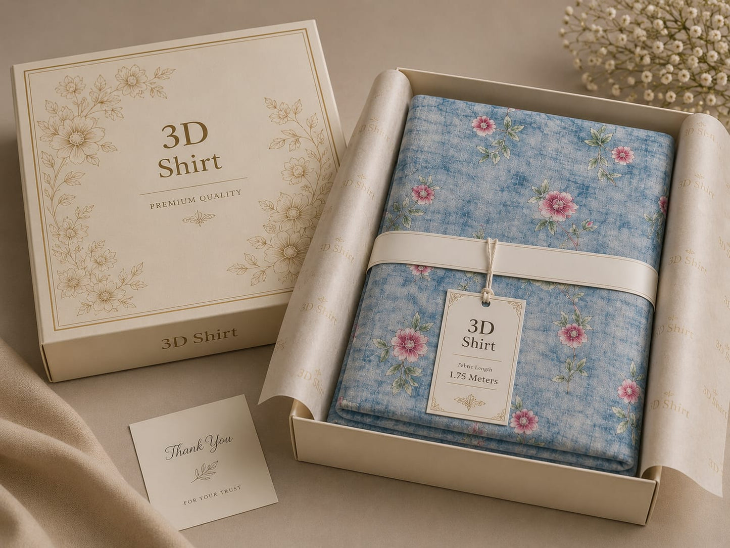Premium 3D Shirt Fabric – Sky Blue Floral Printed Collection – Premium Quality | Fabric Length 1.75 Meters