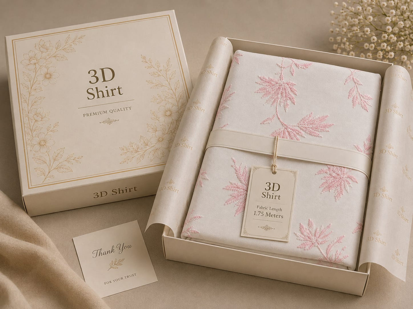 Premium 3D Shirt Fabric – Soft Pink Leaf Embroidered Collection | Fabric Length 1.75 Meter