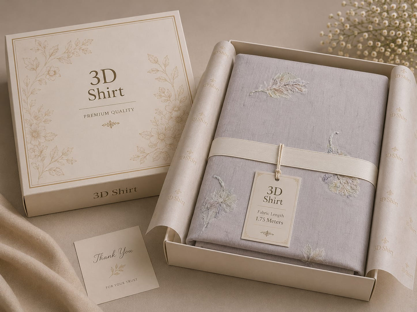 Premium 3D Shirt Fabric – Elegant Grey Embroidered Collection | Fabric Length 1.75 Meters
