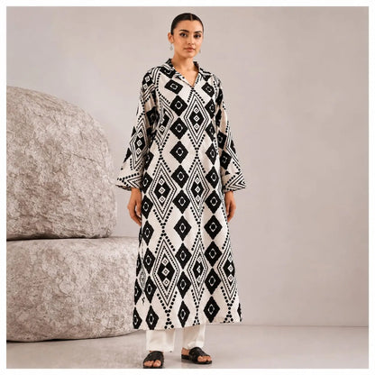 Black & White Geometric Printed 2-Piece Unstitched Suit | Women’s Wear