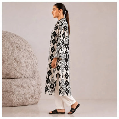 Black & White Geometric Printed 2-Piece Unstitched Suit | Women’s Wear