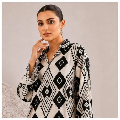 Black & White Geometric Printed 2-Piece Unstitched Suit | Women’s Wear