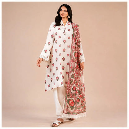 Red Floral Printed 3-Piece Unstitched Suit – White | Women’s Collection