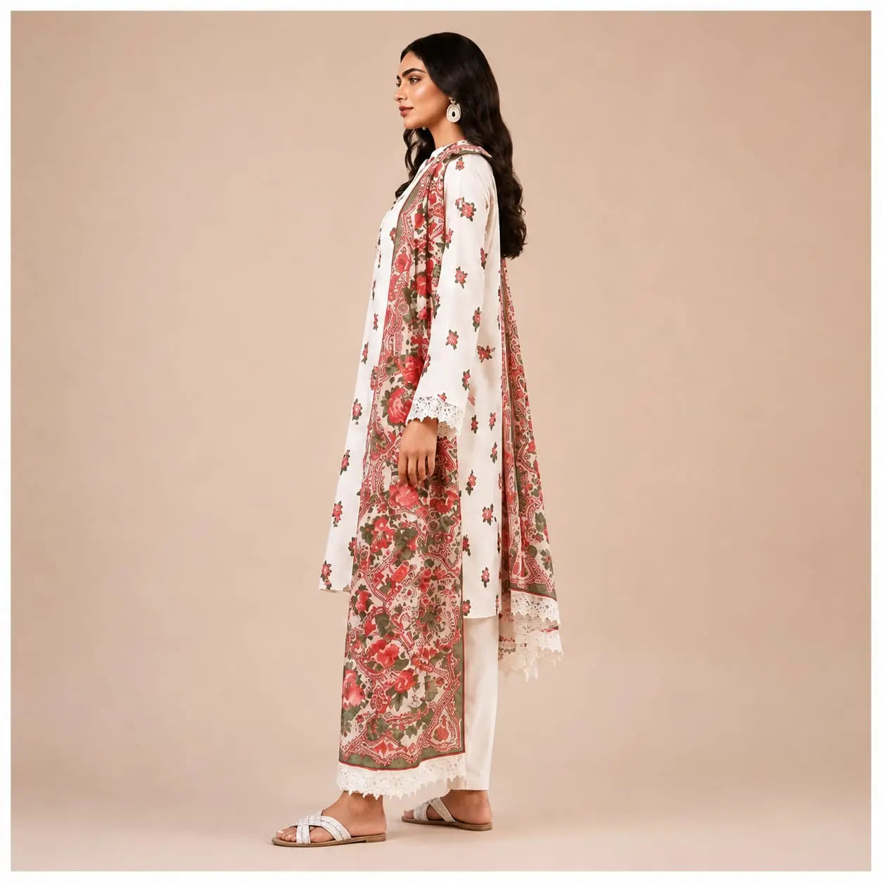Red Floral Printed 3-Piece Unstitched Suit – White | Women’s Collection