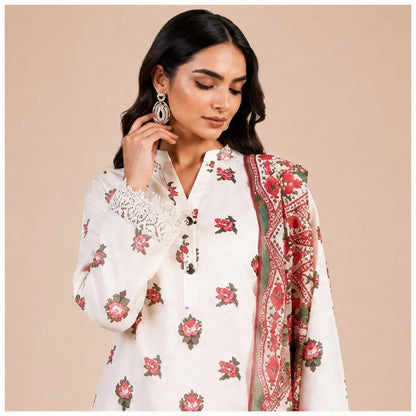 Red Floral Printed 3-Piece Unstitched Suit – White | Women’s Collection