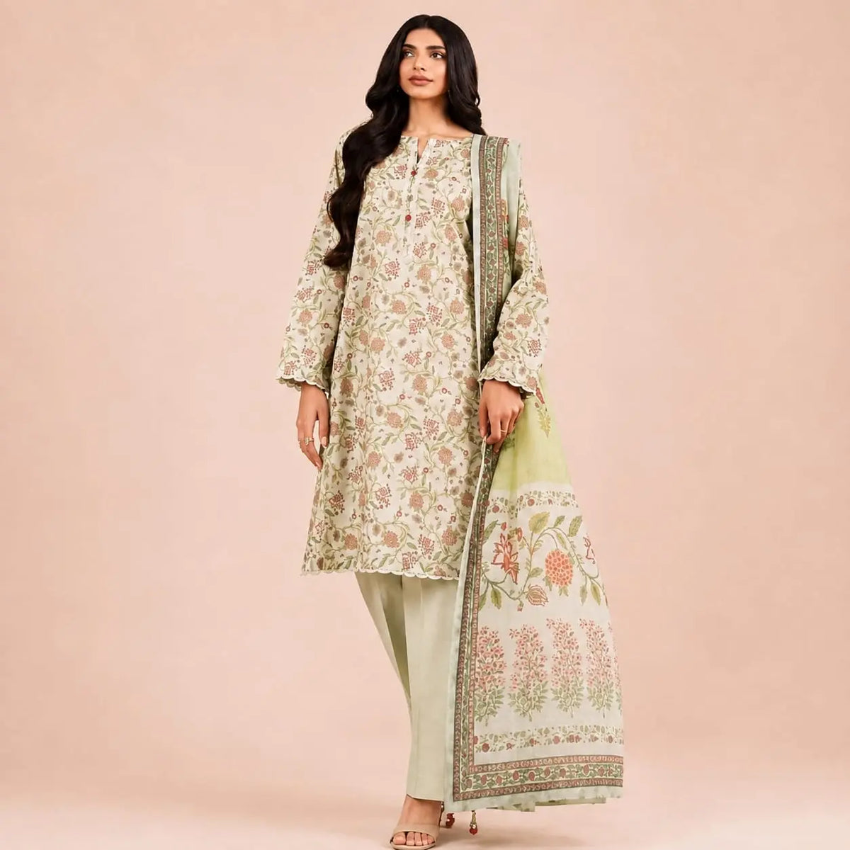 Premium Floral Printed 2-Piece Unstitched Suit – Sage Green & Peach