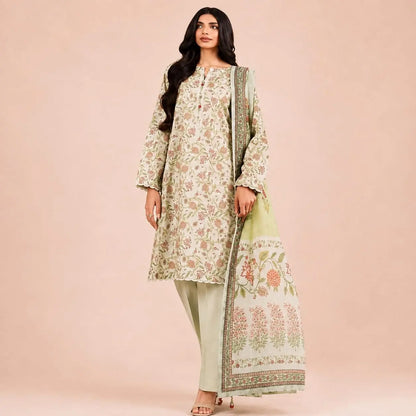Premium Floral Printed 2-Piece Unstitched Suit – Sage Green & Peach