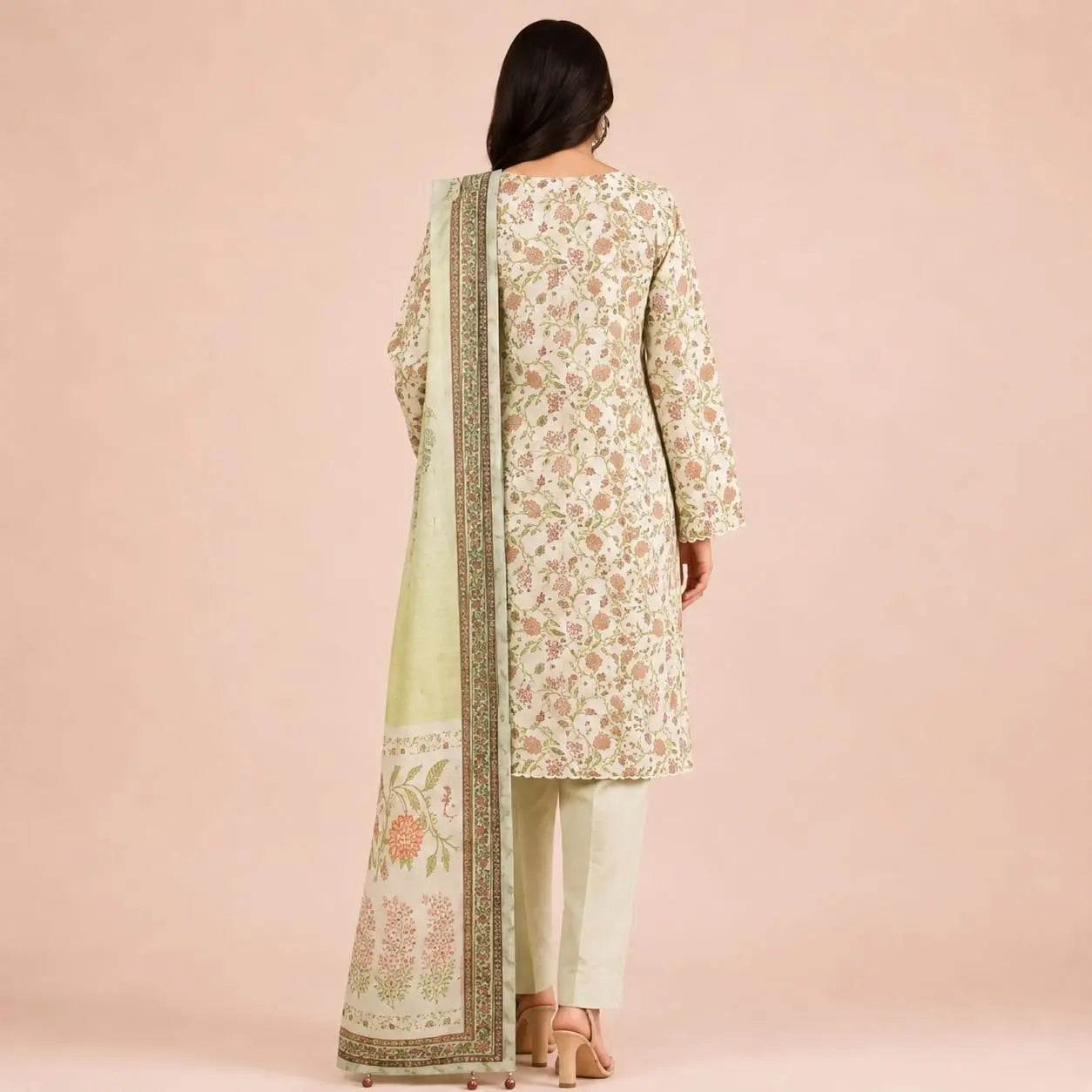 Premium Floral Printed 2-Piece Unstitched Suit – Sage Green & Peach