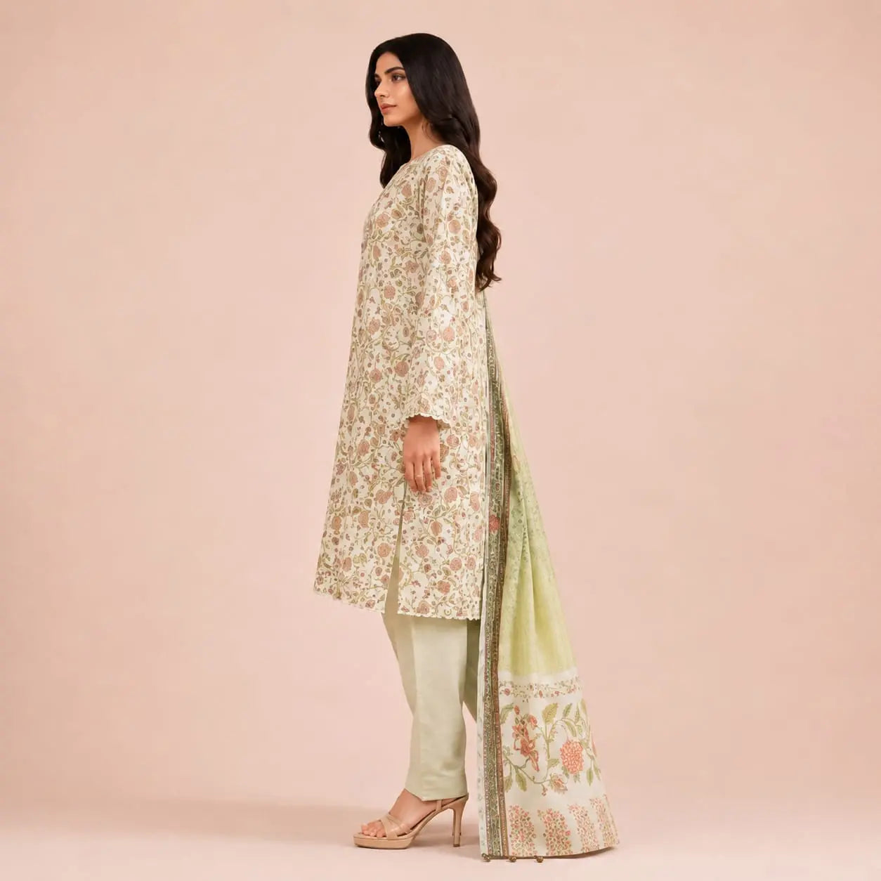 Premium Floral Printed 2-Piece Unstitched Suit – Sage Green & Peach