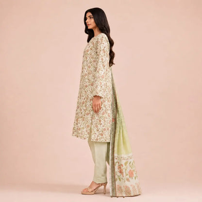 Premium Floral Printed 2-Piece Unstitched Suit – Sage Green & Peach