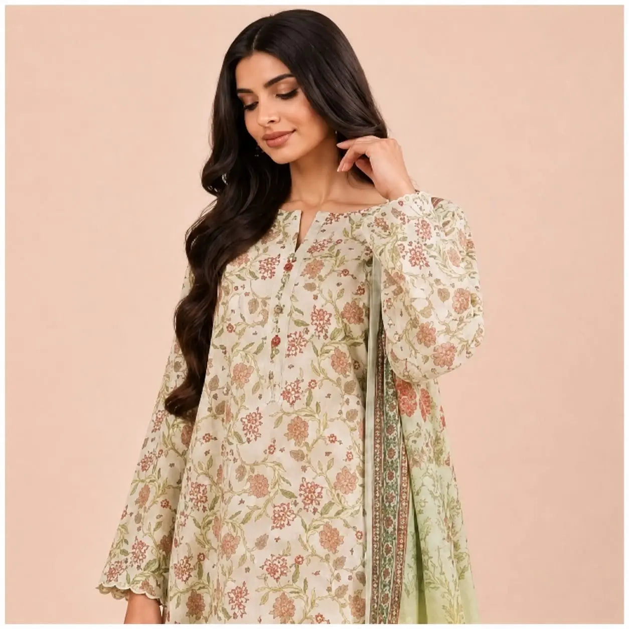 Premium Floral Printed 2-Piece Unstitched Suit – Sage Green & Peach