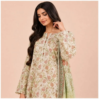 Premium Floral Printed 2-Piece Unstitched Suit – Sage Green & Peach