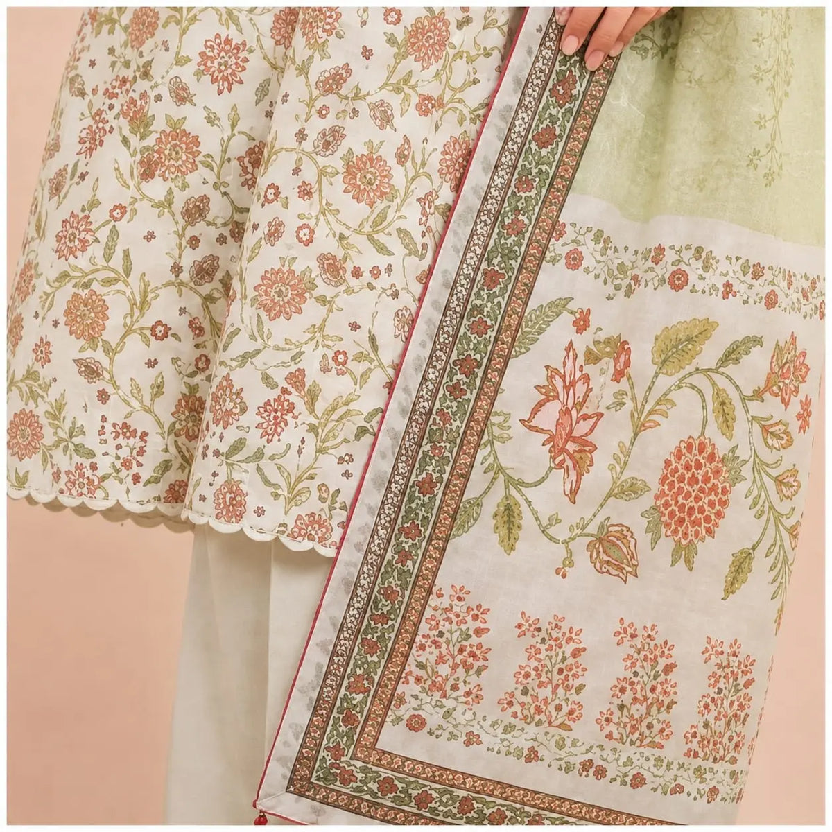 Premium Floral Printed 2-Piece Unstitched Suit – Sage Green & Peach