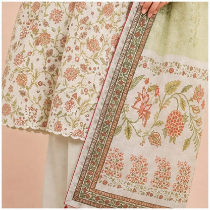 Premium Floral Printed 2-Piece Unstitched Suit – Sage Green & Peach